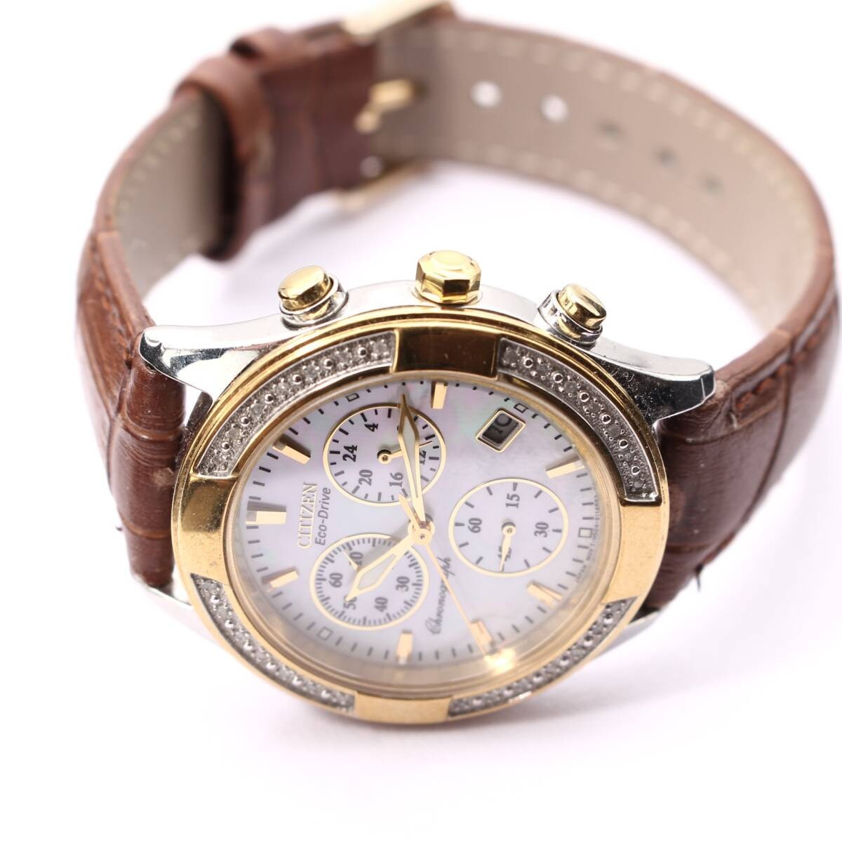 CITIZEN Eco-Drive H504-S079136 MOP Dial Chronograph Women’s Watch Stone Bezel