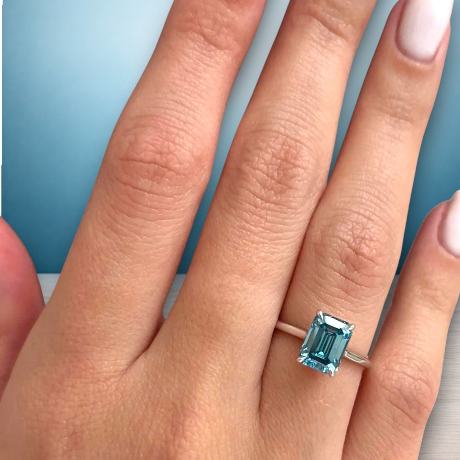 Emerald Cut 2.00 Ct Fancy Vivid Blue Women Diamond Ring Lab Grown 14K White Gold
