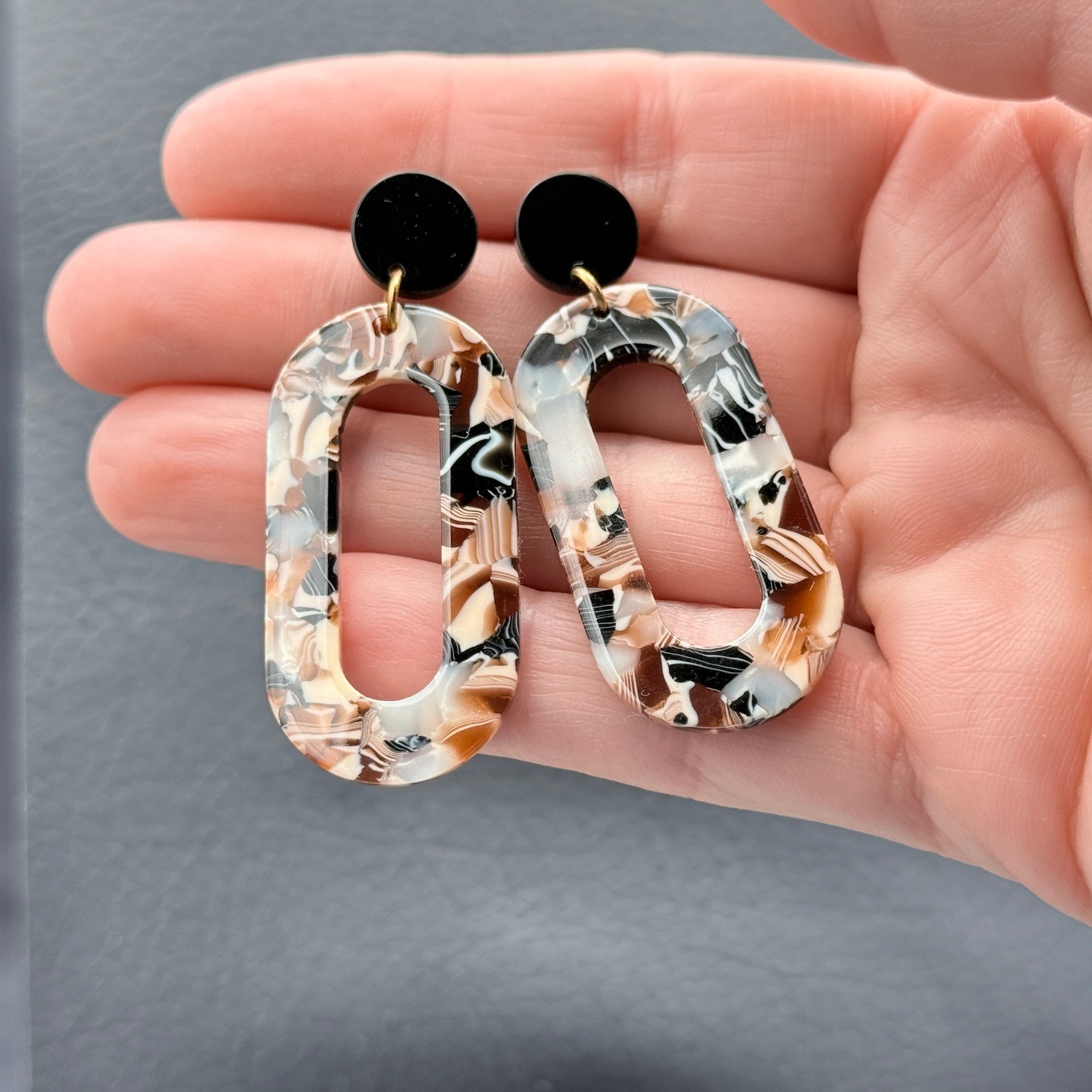 Acrylic Marble Earrings Lightweight Neutral Brown Black White Acetate Oval Drops