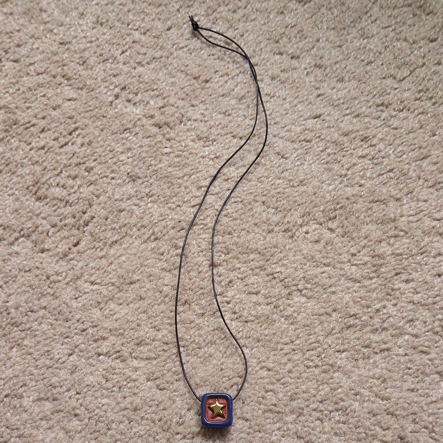 Adjustable Black Cord Necklace Blue Square Star Charm Pendant Slip Knot