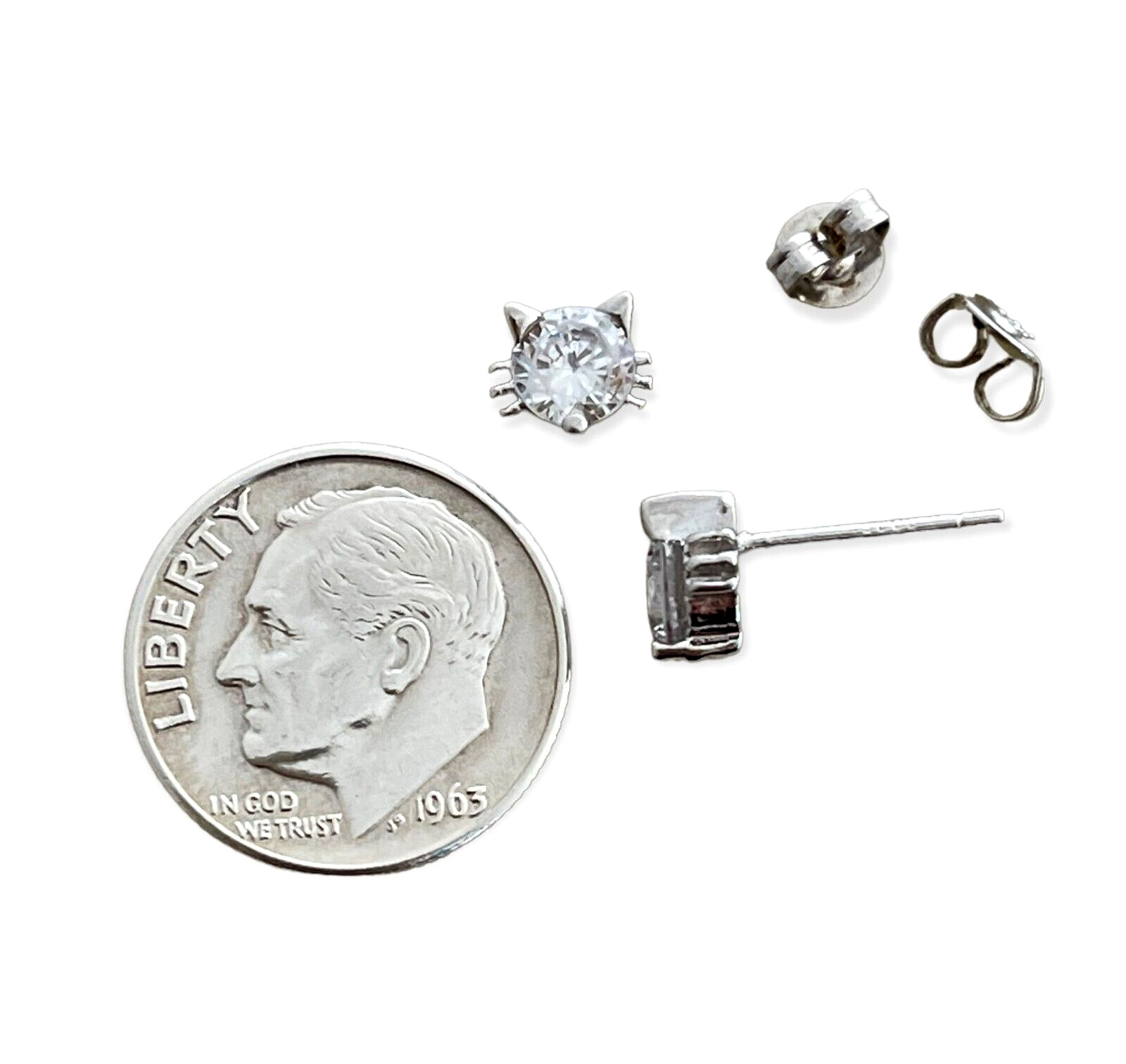 Cat Earrings Solitaire Pierced Stud Kitty Head Whiskers Silver Cubic Zirconia
