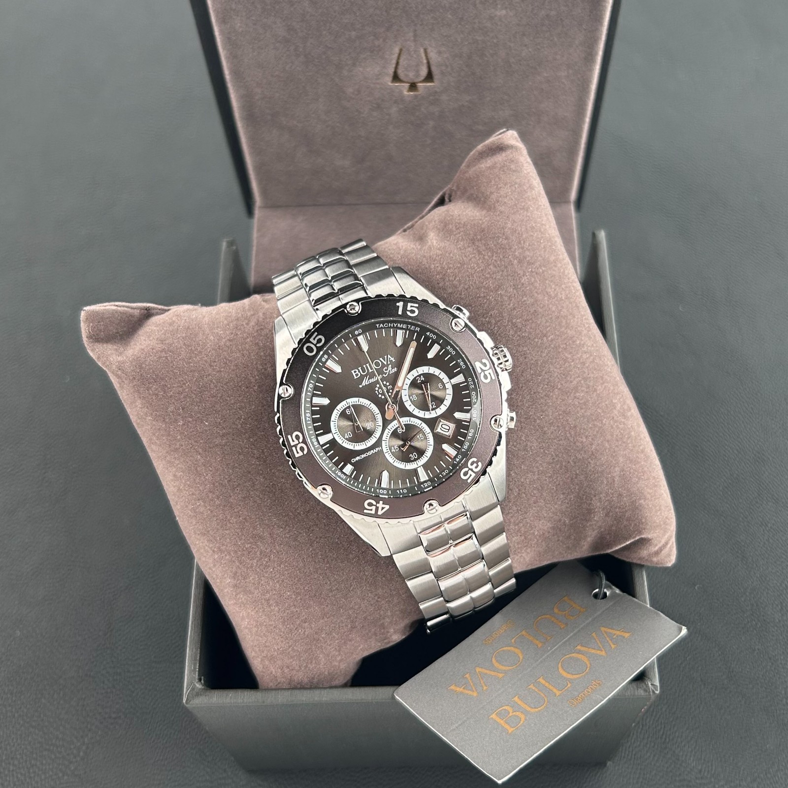 Bulova Classic Men’s Marine Star 98B401 Black Dial Chronograph Quartz Watch 41.5