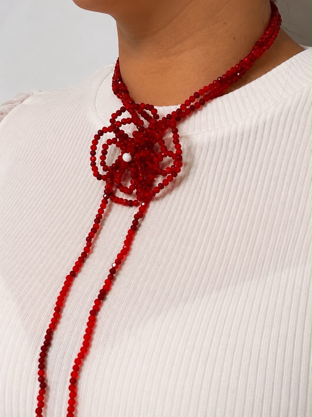 Red Beaded Flower Pendant Choker Necklace with Long Drop Dangle, White Accents