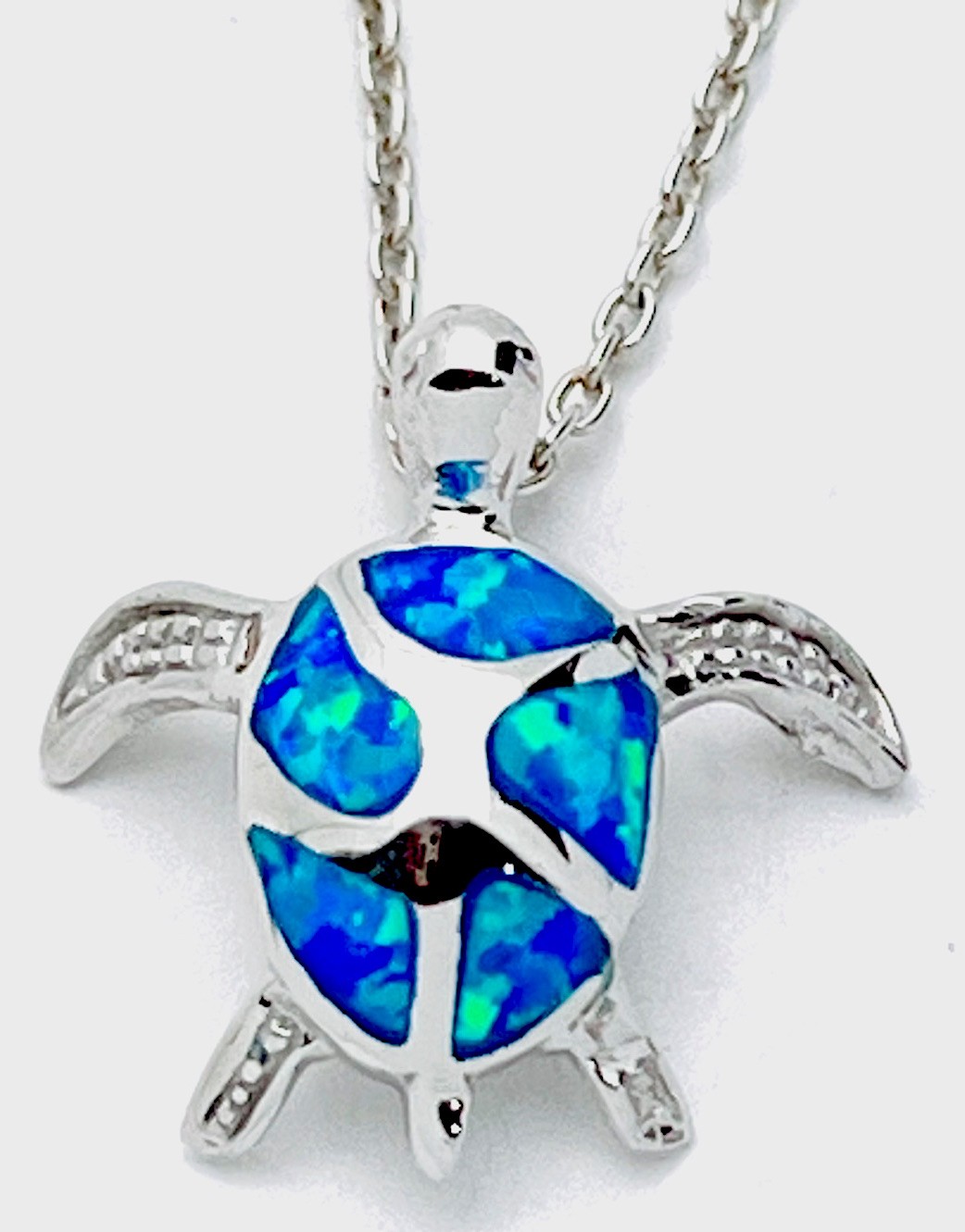 925 Sterling Silver 4.1 Gram Lab Created Blue Fire Opal Sea Turtle Necklace 18”
