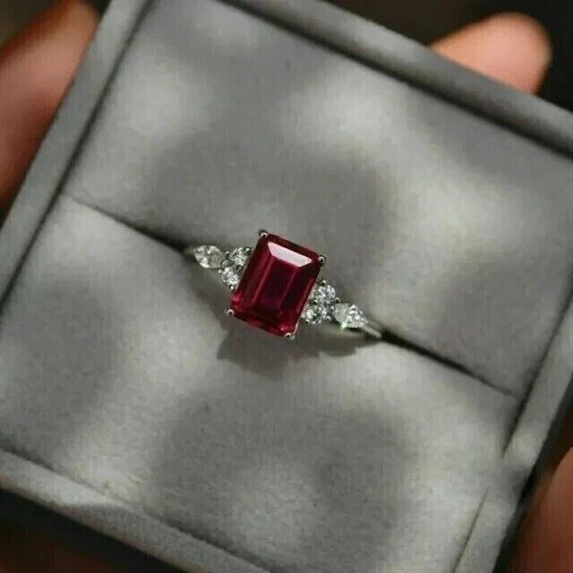 Emerald Cut Simulated Red Ruby 925 Silver Wedding Ring In 14k White Gold Plated