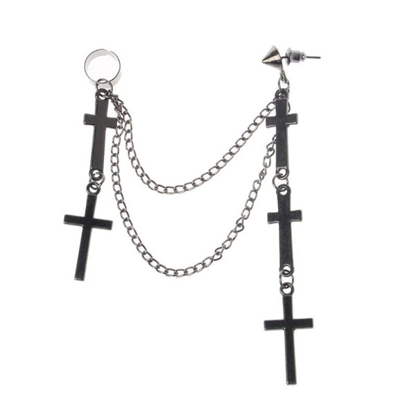 Gothic Punk Cuff Dangle Drop Cross Earrings- Long Chain Stud Tassel, Gift, Black