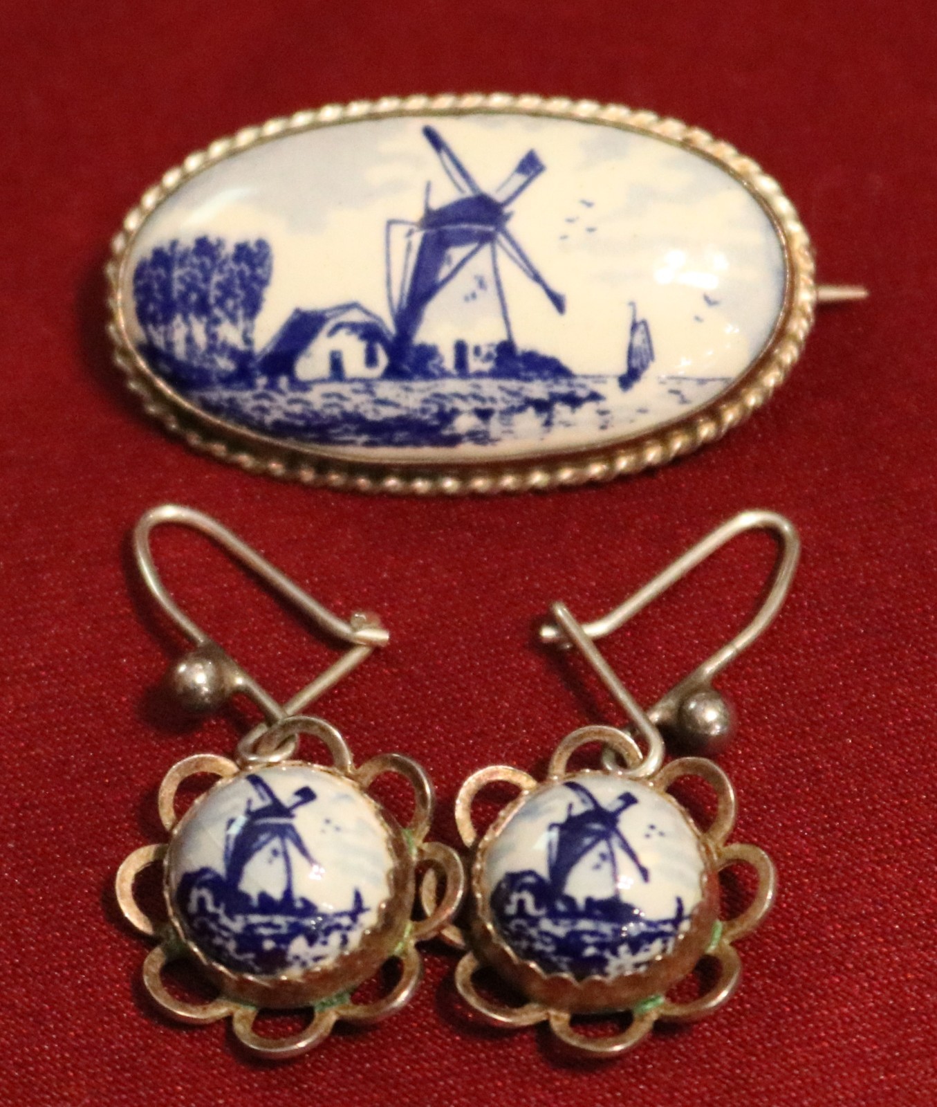 DELFT 885 Silver Vintage Dutch Ceramic Old Windmill Pin Brooch & Earrings Set