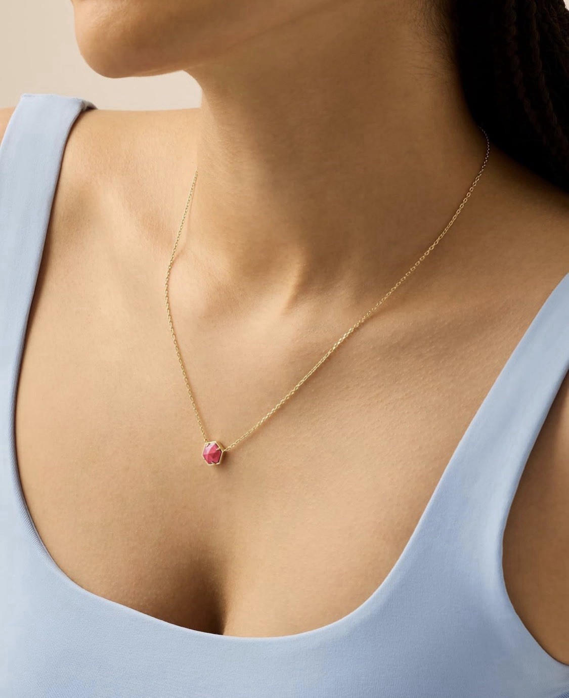 Gold Tone Cable Chain Necklace Pink Hexagon Stone Charm Pendant Bezel Set