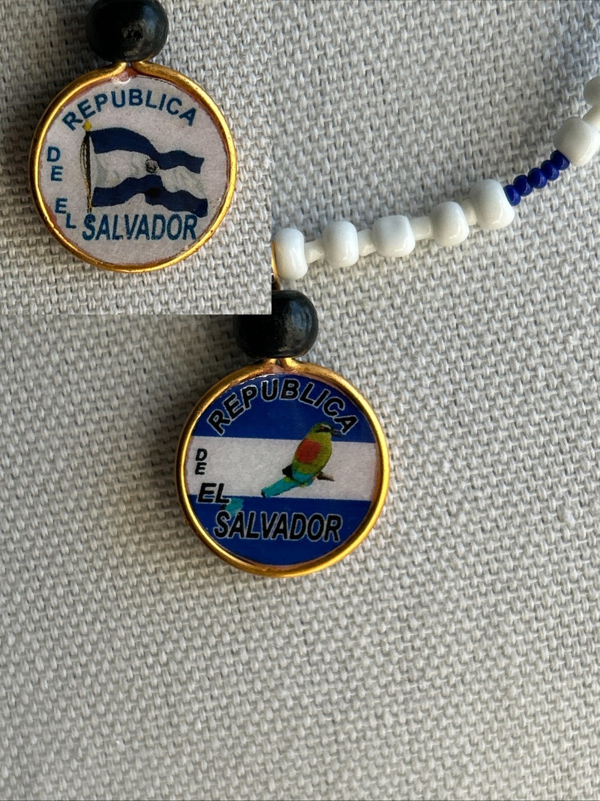 El Salvador Necklace Handmade Collar #05 Beads Medalla Torogoz Bandera Nacional