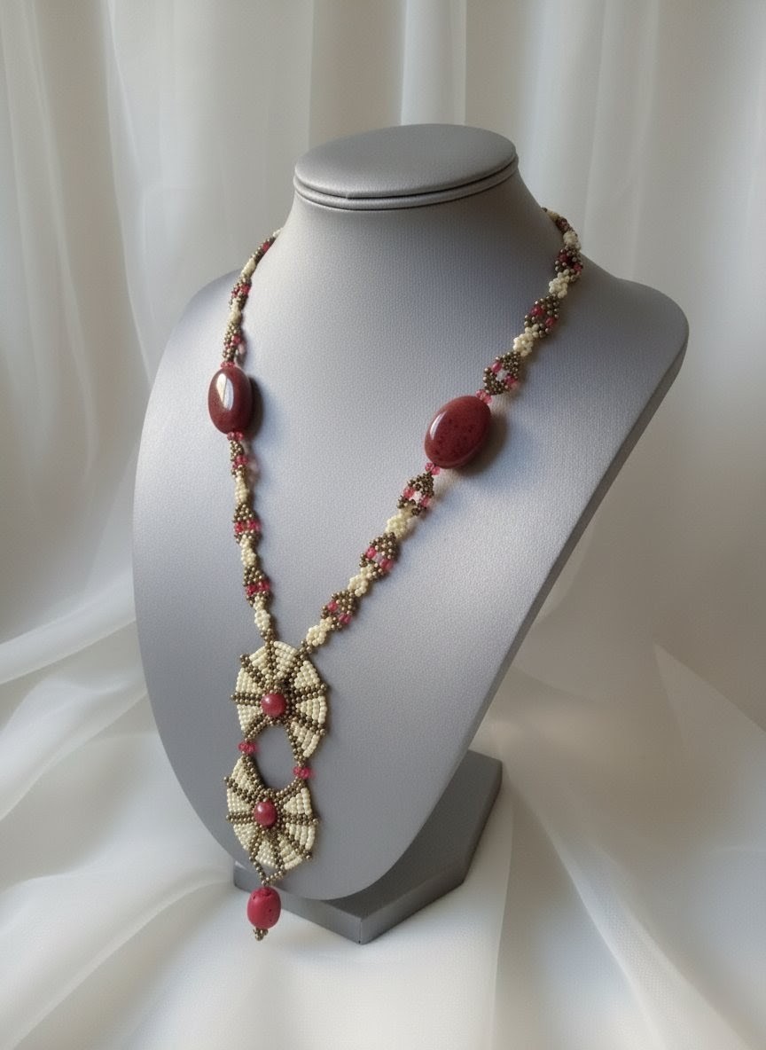 Unique Handcrafted Necklace Agate Stones Coral Bamboo Red Ethnic Long Pendant