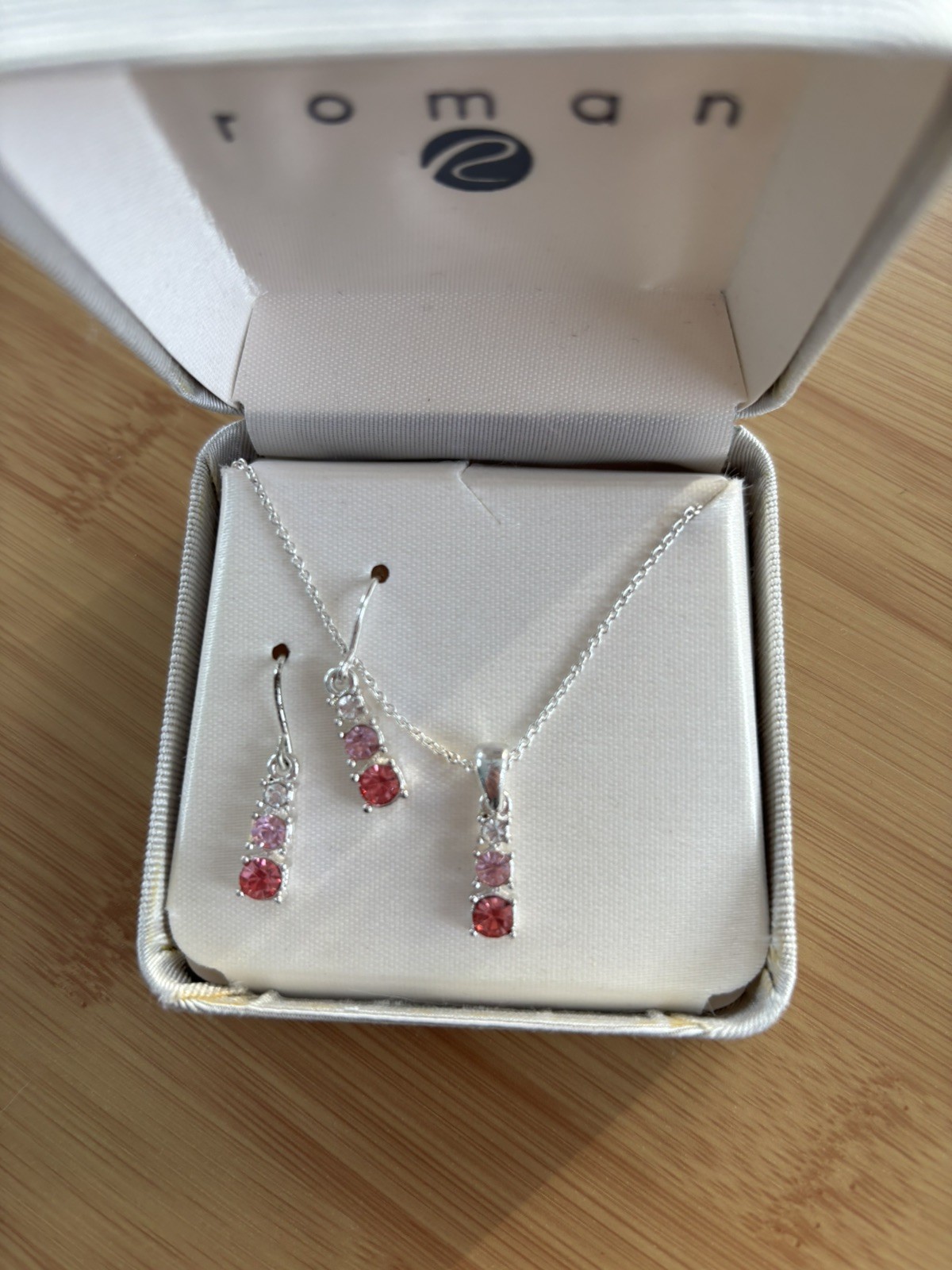 Roman Valentine Gift-3pc Jewelry Set Pink Gems Silver Necklace and Earring Set