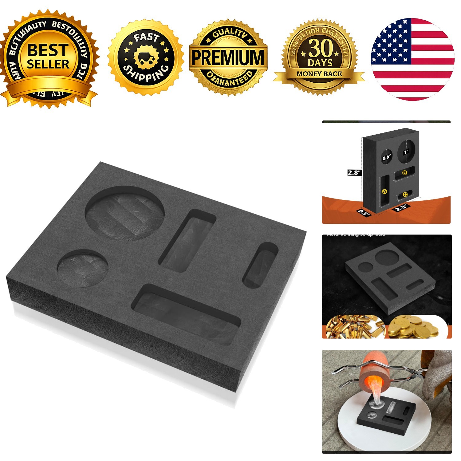 5-in-1 Graphite Casting Ingot Mold for Silver Brass Zinc Aluminum Melting