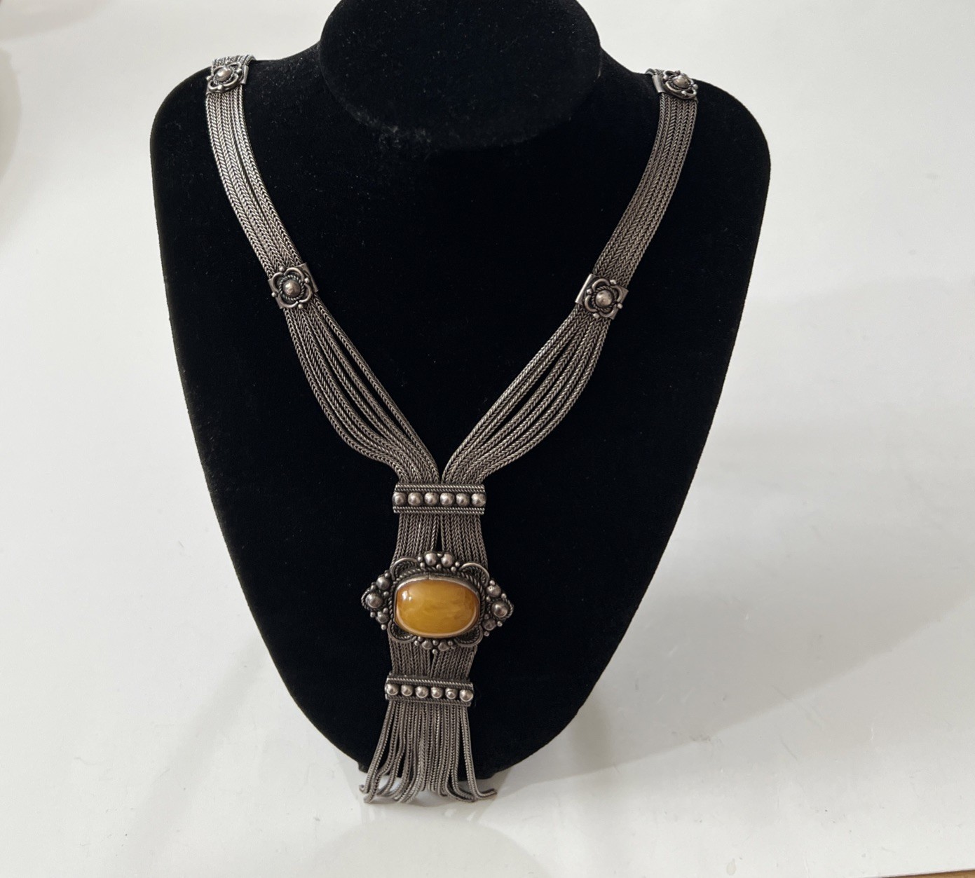 Sterling Silver 925 Honey Amber Multi Strand Foxtail Chain Tassel Necklace