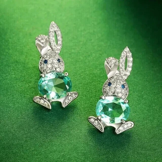 4 Ct Oval Cut Simulated Green Emerald Bunny Stud Earrings 14K White Gold Plated