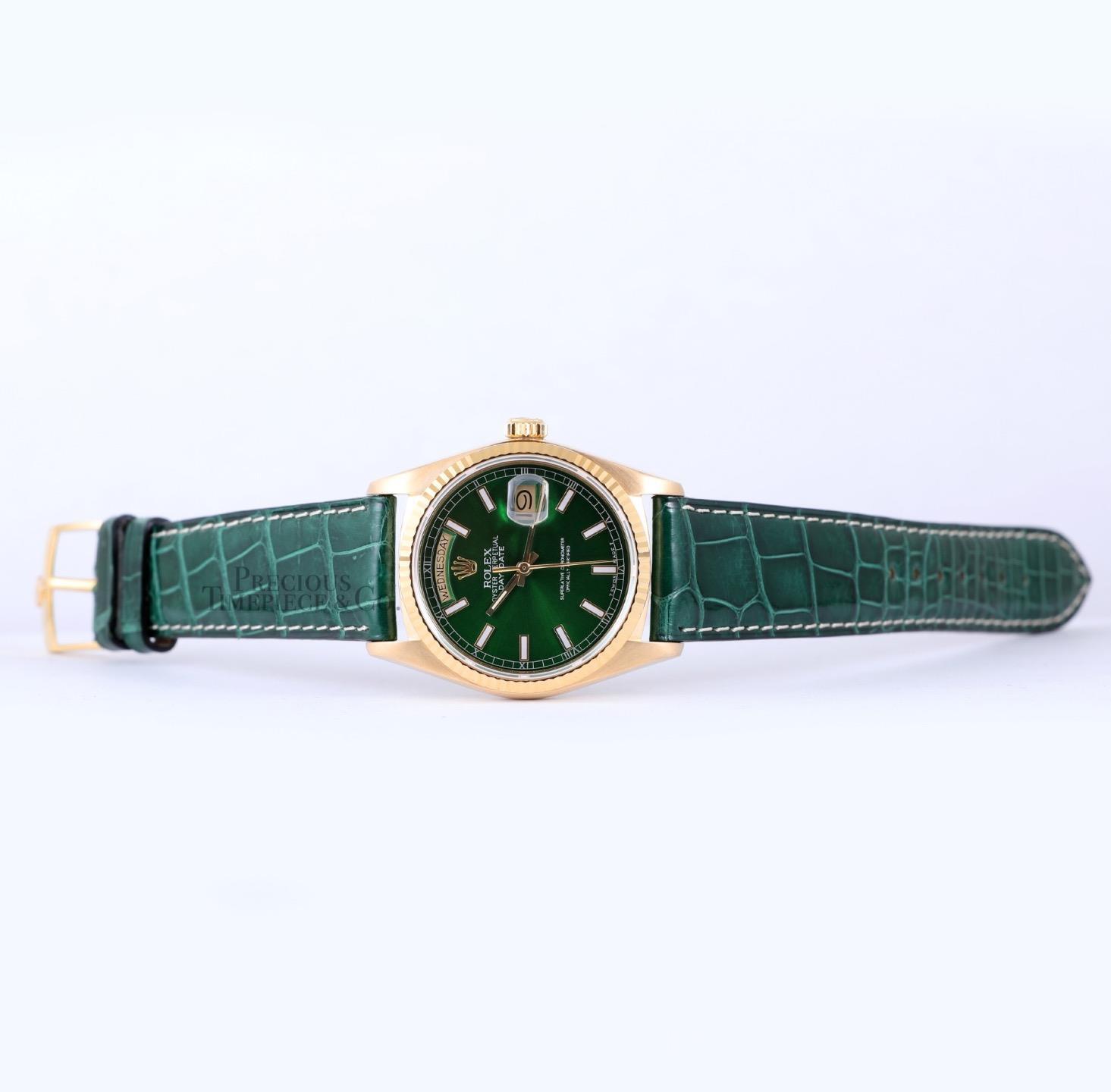 Rolex Day-Date 36mm President 18k Gold 18038-Green Stick Dial-Green Leather Band