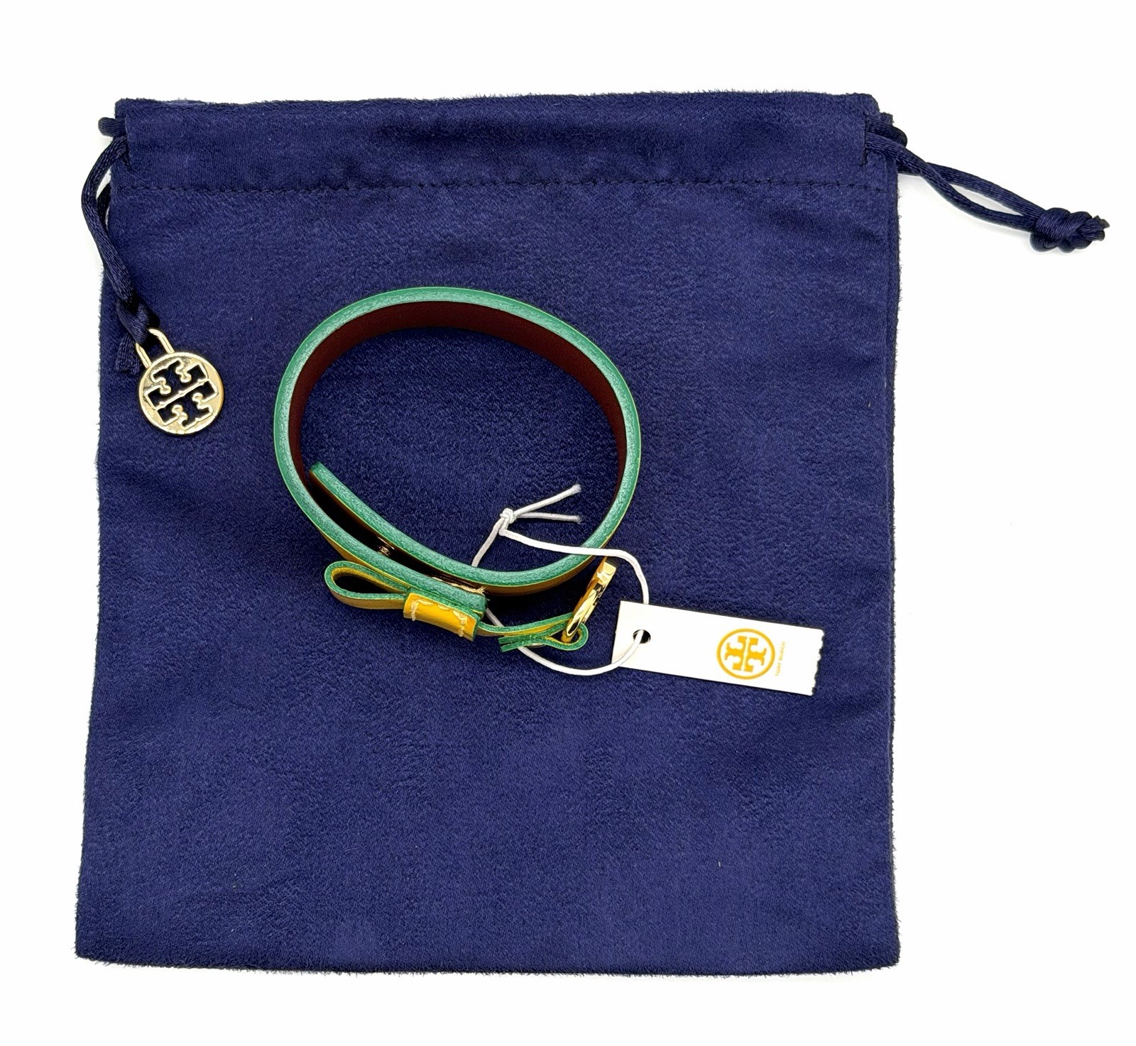 TORY BURCH Alden Cuff Patent leather Mustard Yellow Green Teal NWT