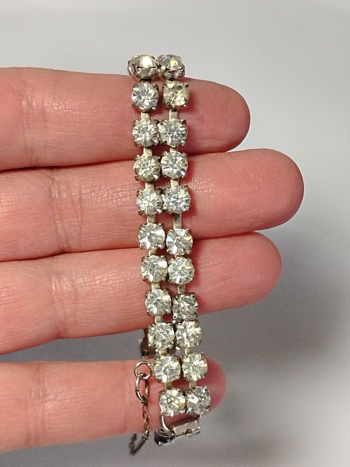 Vintage Rhinestone Silver Tone Double Row Tennis Bracelet 7 1/4″ x 10mm