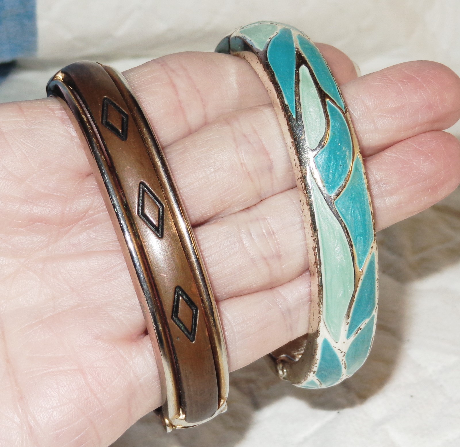 Vintage CLAMPER BANGLE BRACELETS LEATHER , ENAMEL 1980s