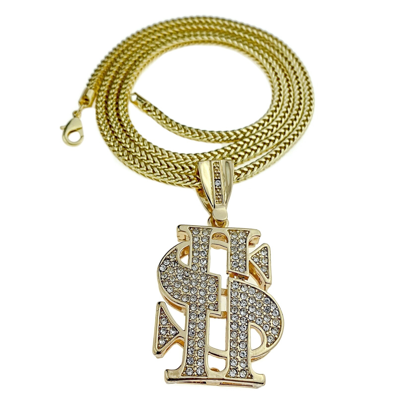 Dollar Sign Chain Iced Simulated CZ Cash Pendant Gold Plated Franco Necklace 36″