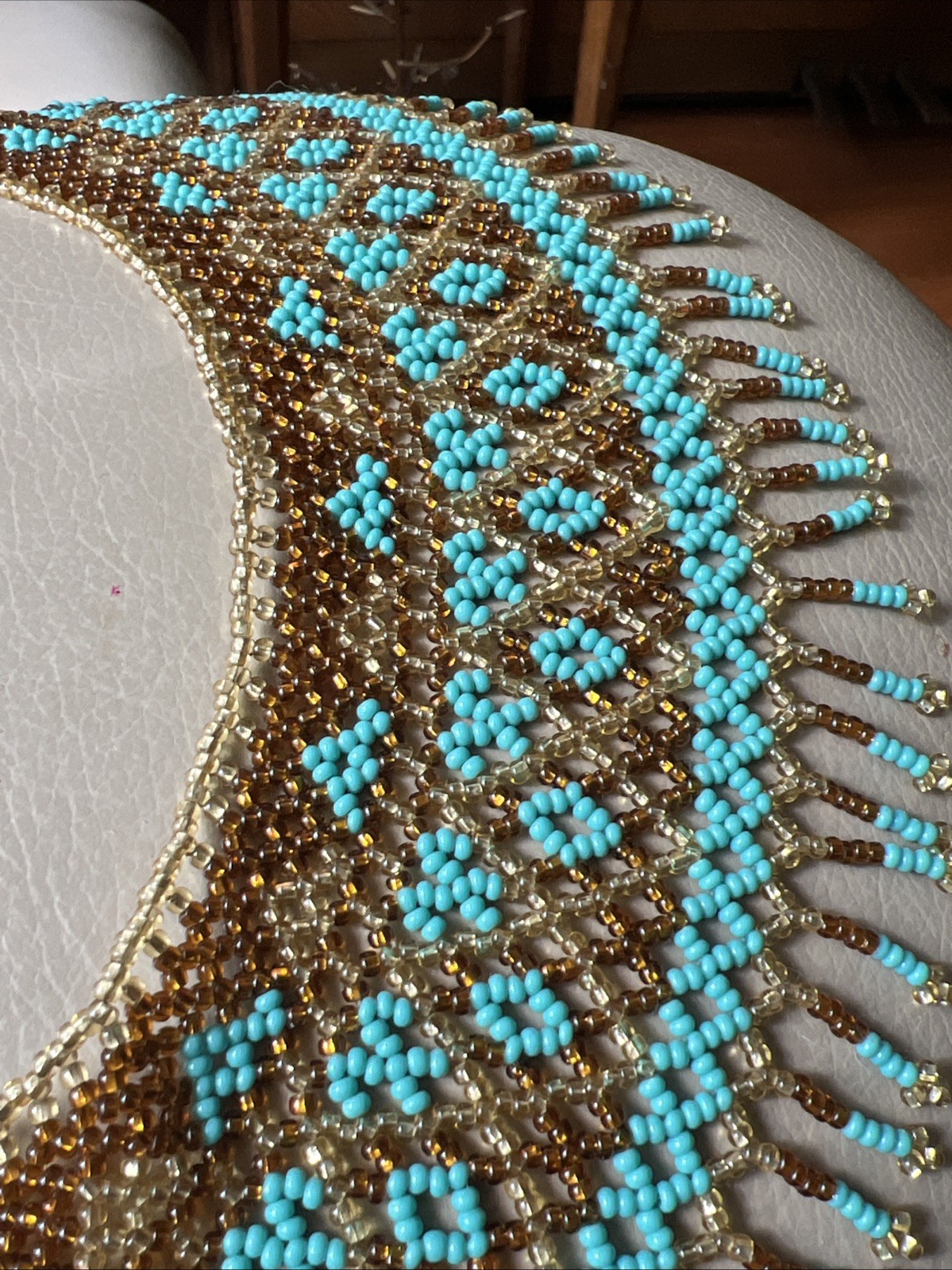 Beautiful Handmade Blue /brown/Yellow Seed Beaded Collar 16.5” Necklace