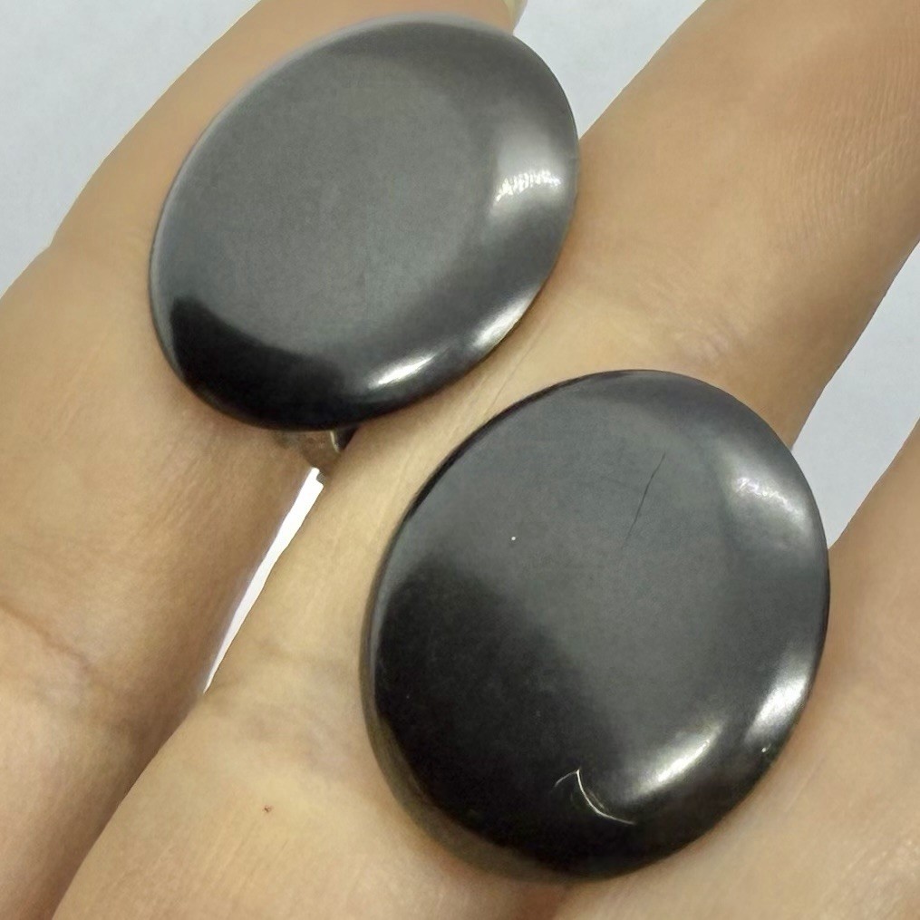 Vtg Dark Gray Lucite Disc Button Large Huggie Earrings Clip Japan Round
