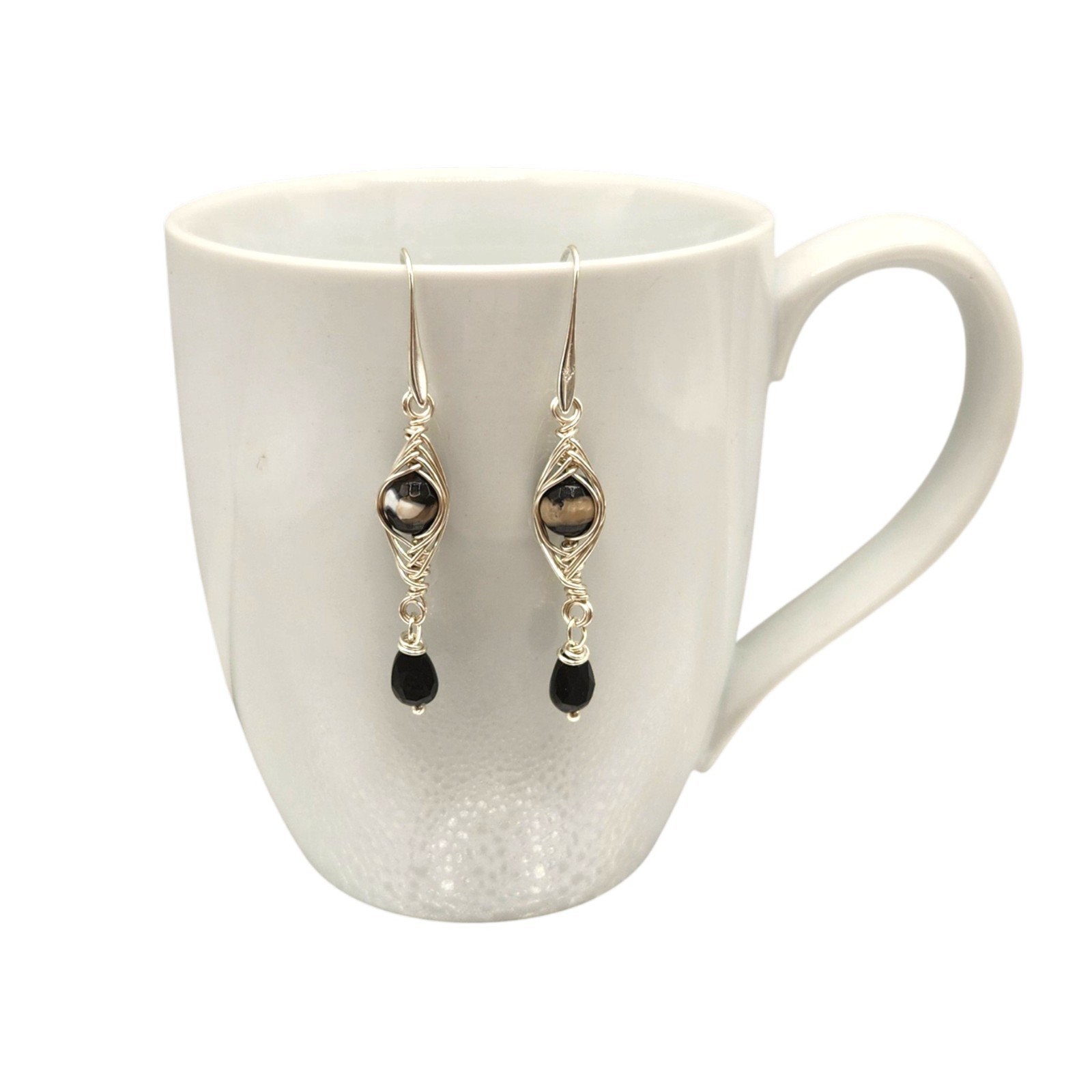 Handmade Stone Herringbone Wire Wrapped Dangle Earrings Gold Silver Bronze