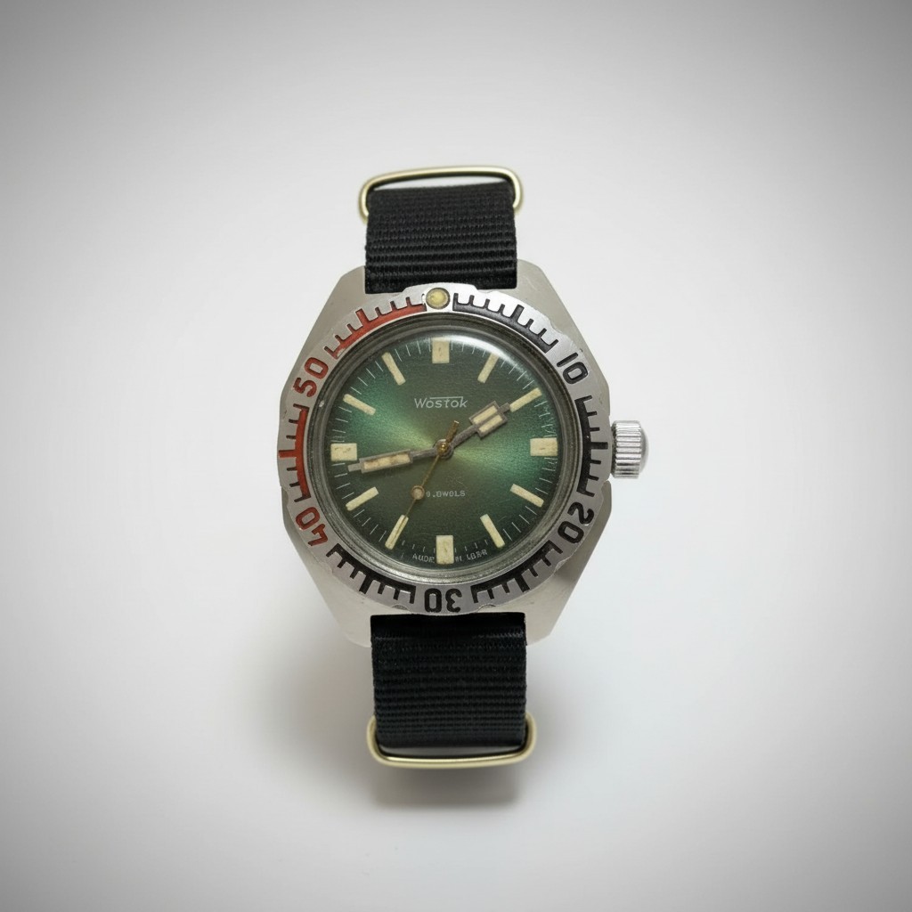 Vintage Mens Watch Vostok Amphibia Komandirskie USSR 17 Jewels Green Dial Steel