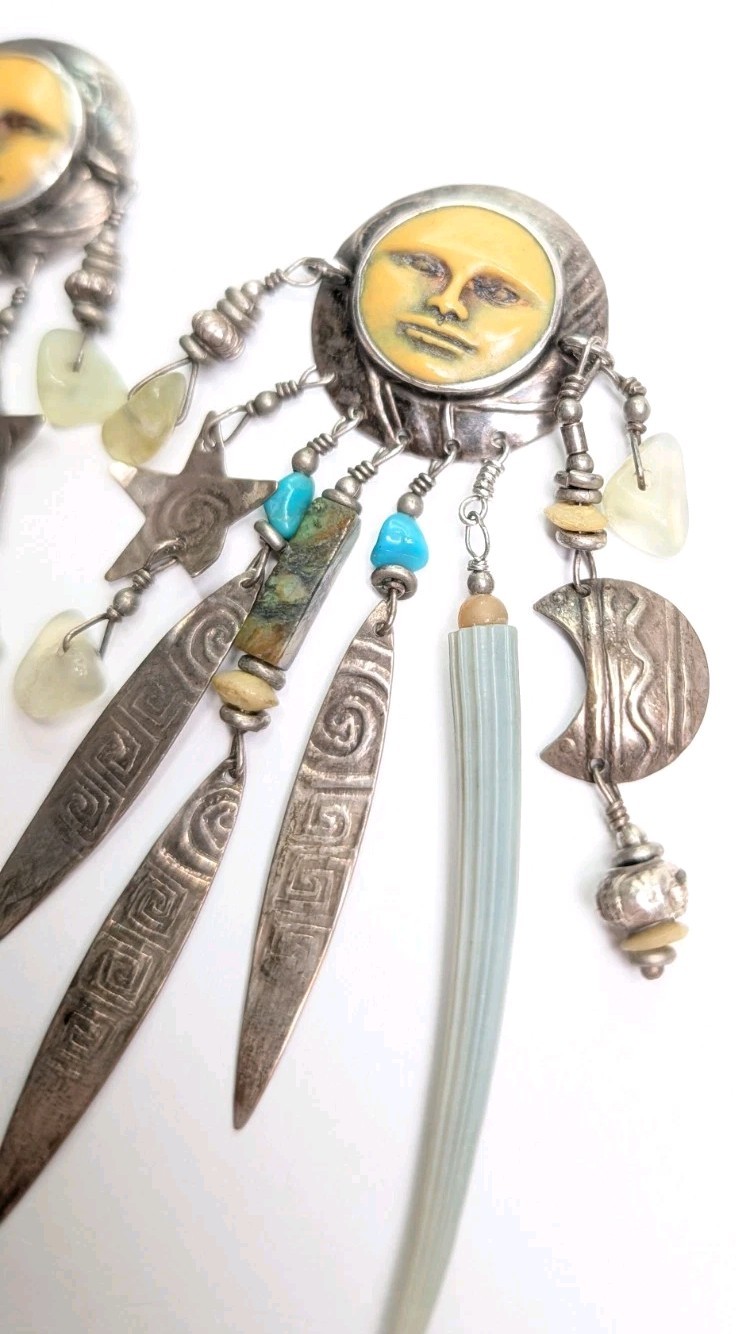 Vintage Tabra Moon Face Dangle Earrings Celestial Charms Sterling Silver 3.75 In