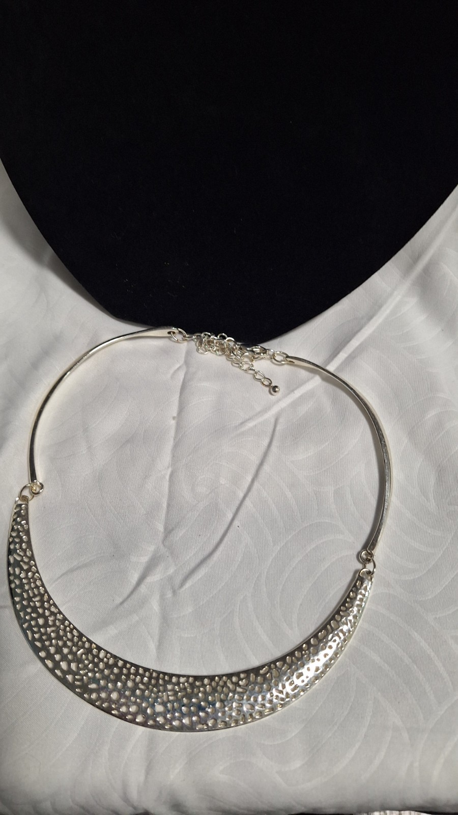 Silver Tone Crescent Collar Statement Necklace Adjustable Extender Lobster