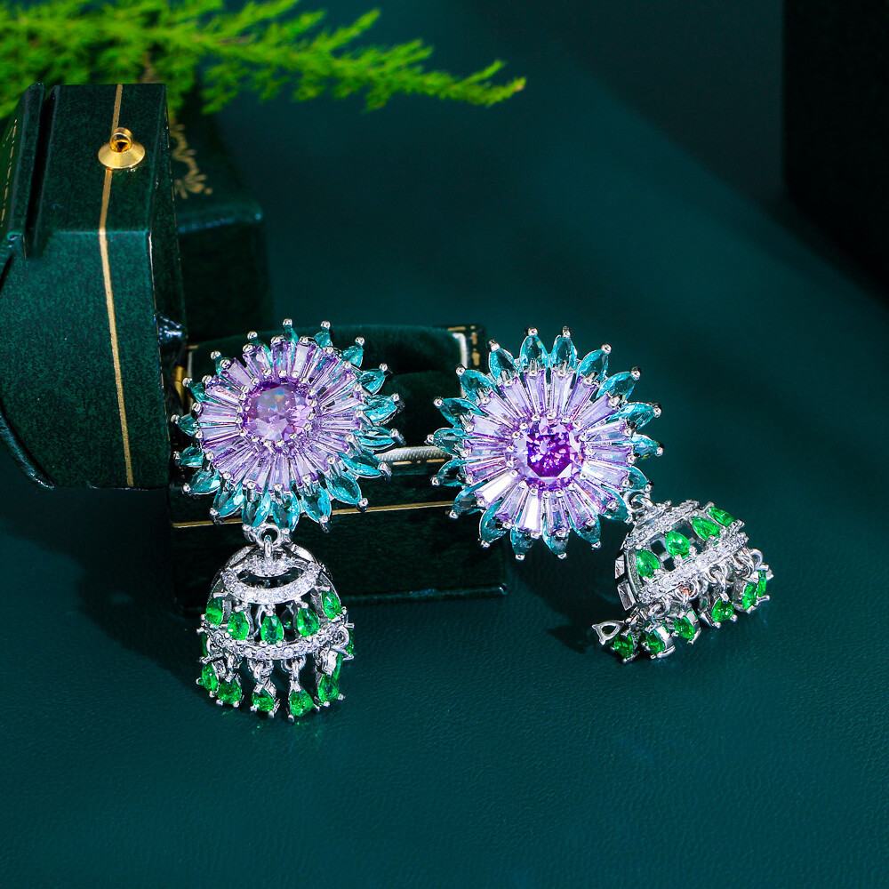 Silver Plated Green Purple Flower Tassel Dangle Earrings Women Zirconia Jewelry