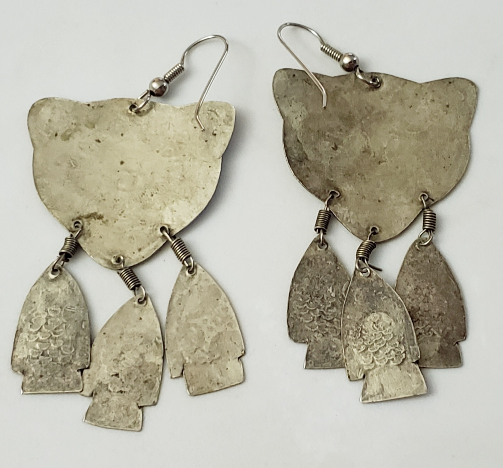 Vintage Handmade Silvertone Turkmen Turkish Eithnic Cat Earrings w/ Dangle Fish