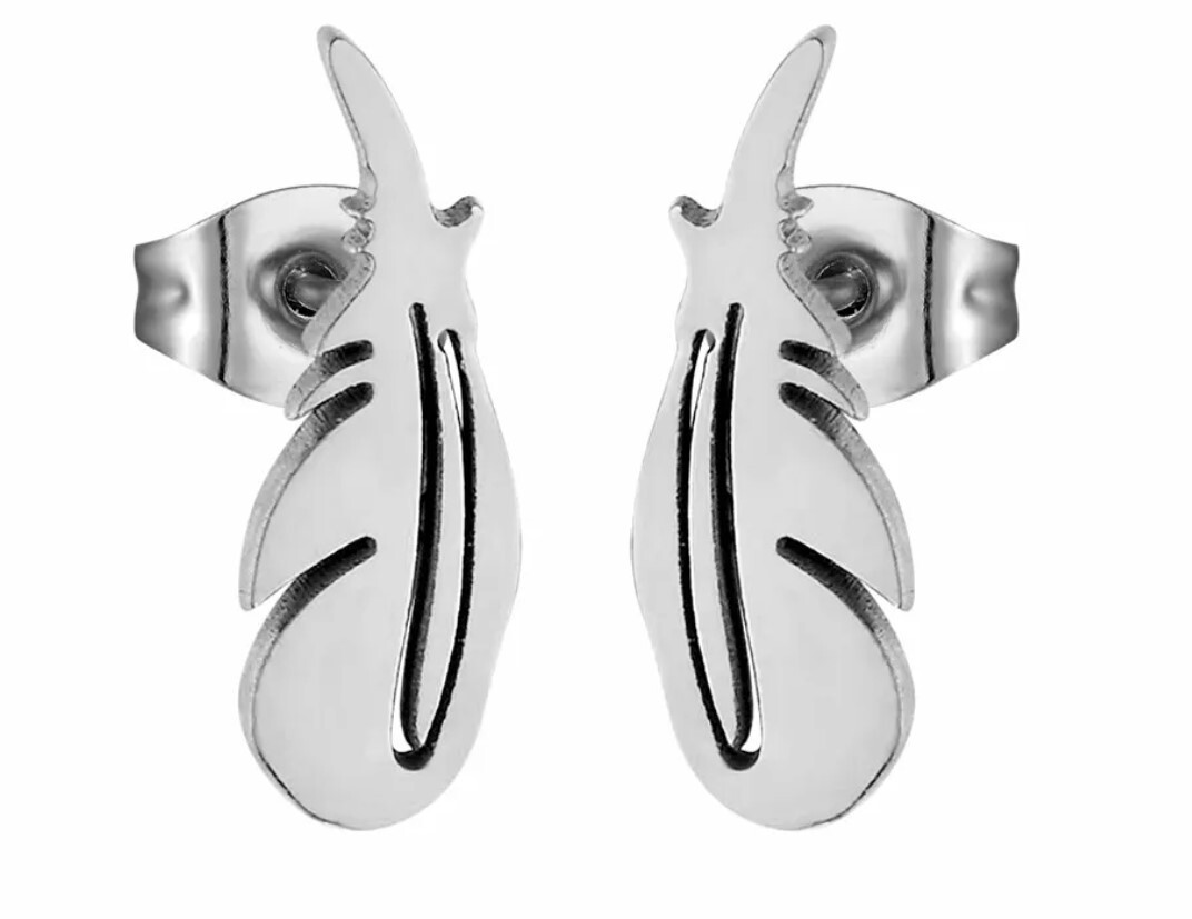 Stainless Steel Post Feather Silver Color Stud Earrings 3mm x 9mm