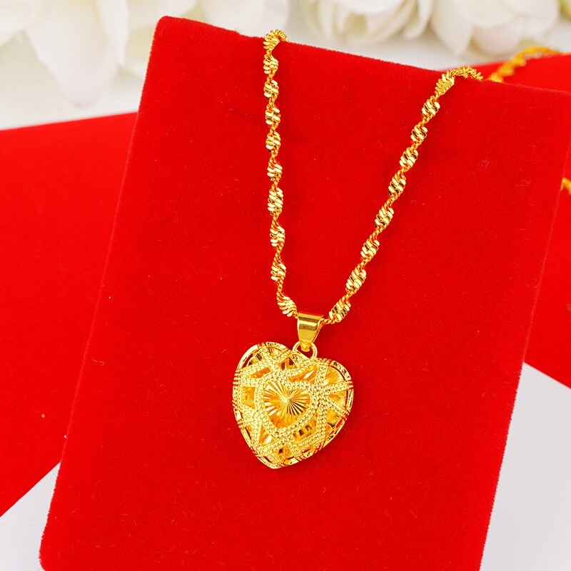 Women Hollow Heart Necklace 22k 23k 24k Thai Baht Yellow Gold Gp Necklace