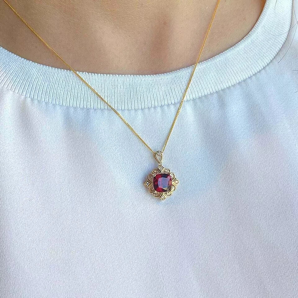 3Ct Cushion Cut Red Ruby Women’s Pendant 14K Yellow Gold Finish With Free Chain