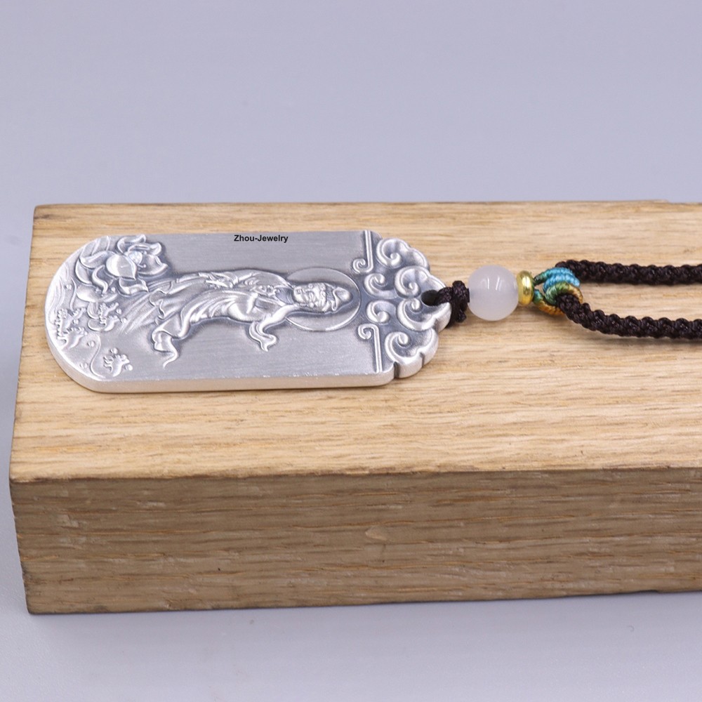 Pure 999 Fine Silver Pendant Kwan-yin Pattern 无事牌 Amulet 43mm H +Cord Necklace