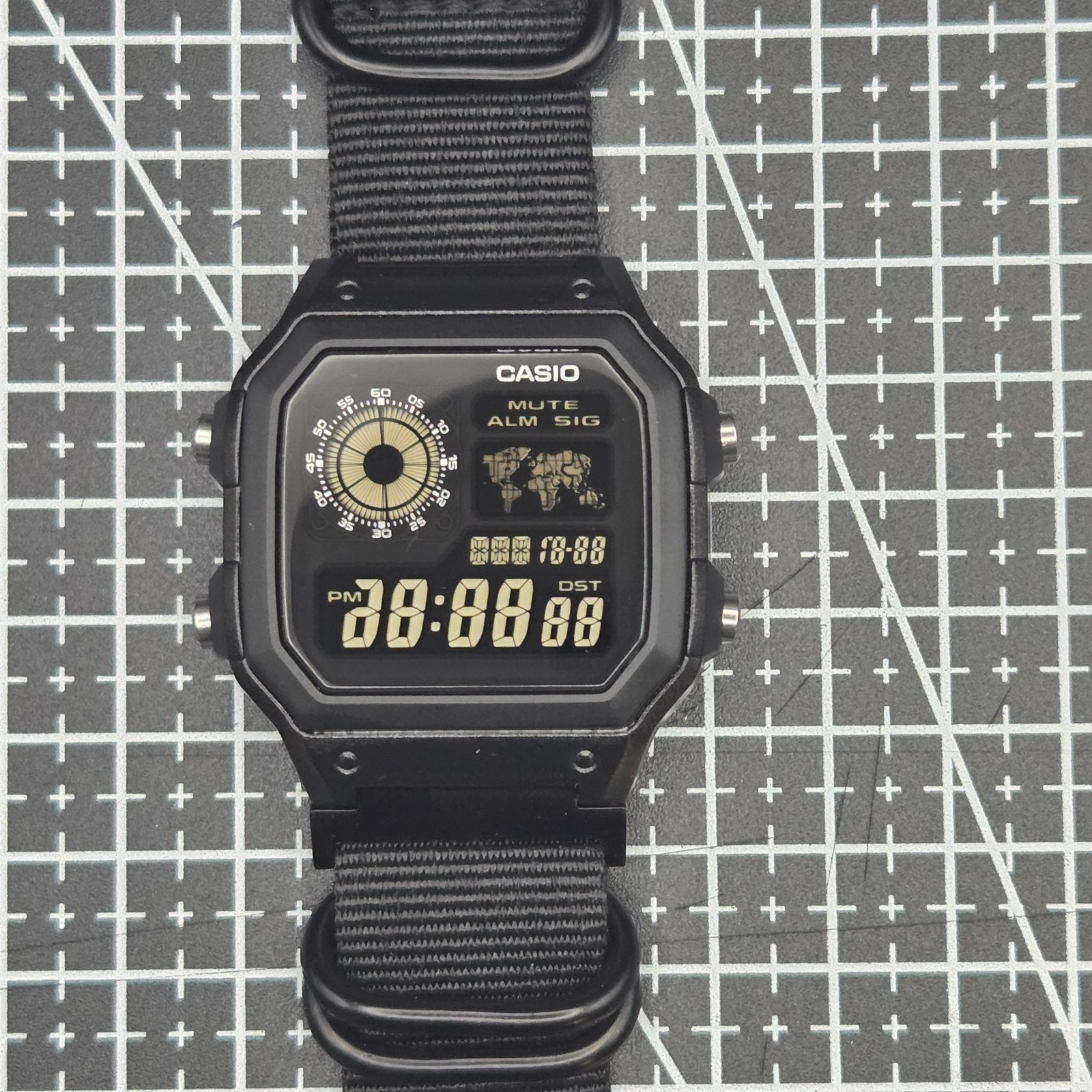 CASIO AE-1200WHD. Royale World Time Watch Mod. Blackout Negative. Hydromod.