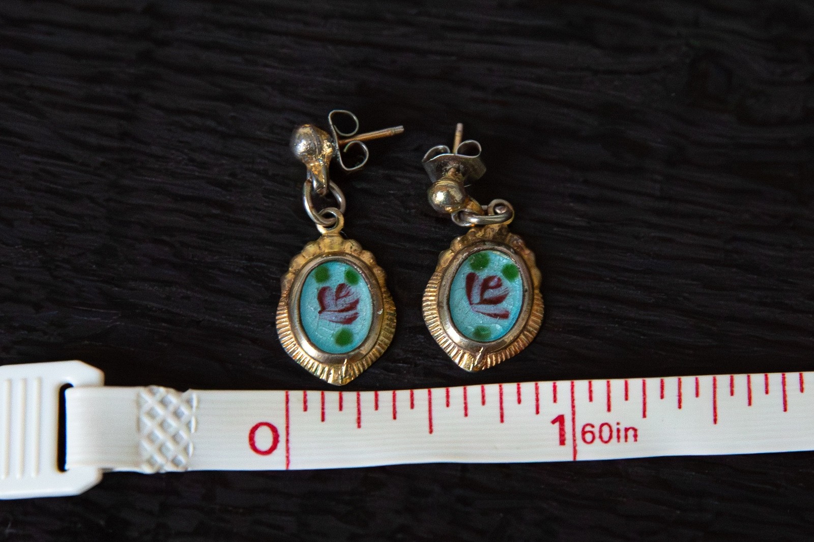 Vintage Art Deco Style Sky Blue Guilloche Enameled Floral Motif Dangle Earrings