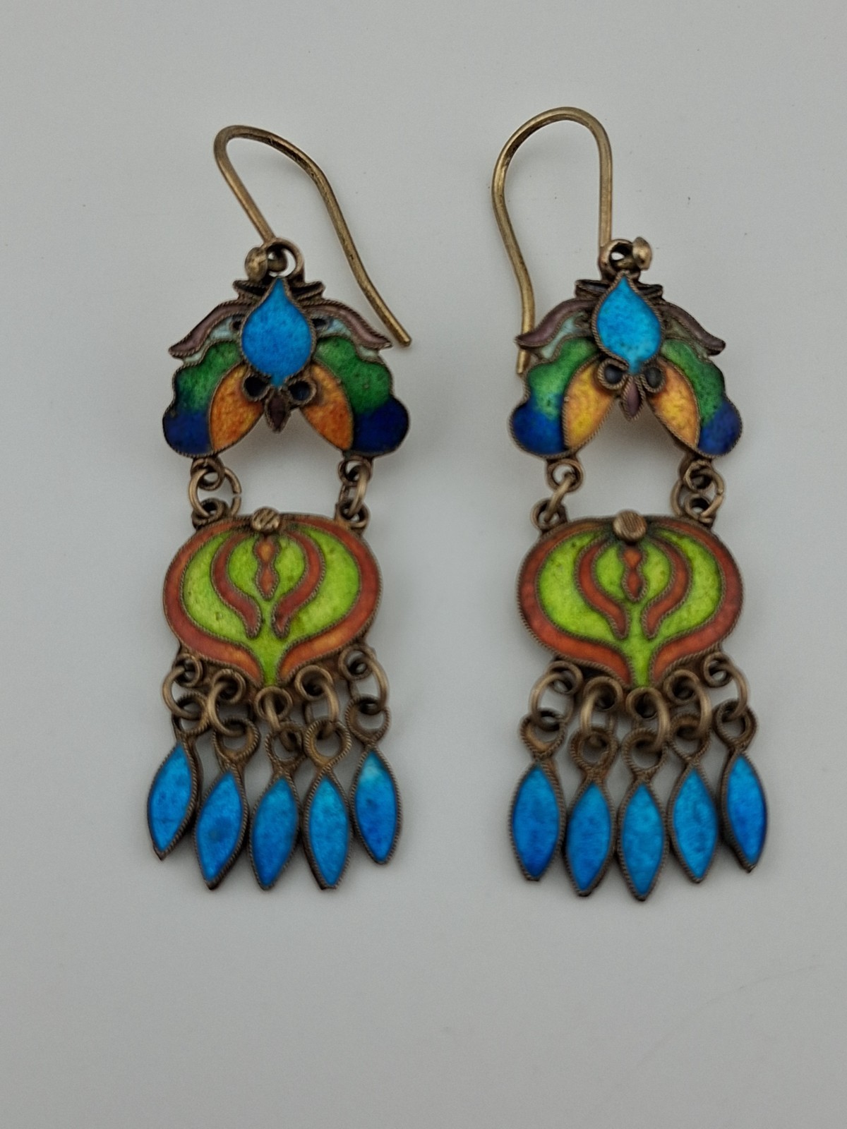 Fabulous! Pair Vintage Sterling Silver Gilt Enameled Chinese Export Earrings