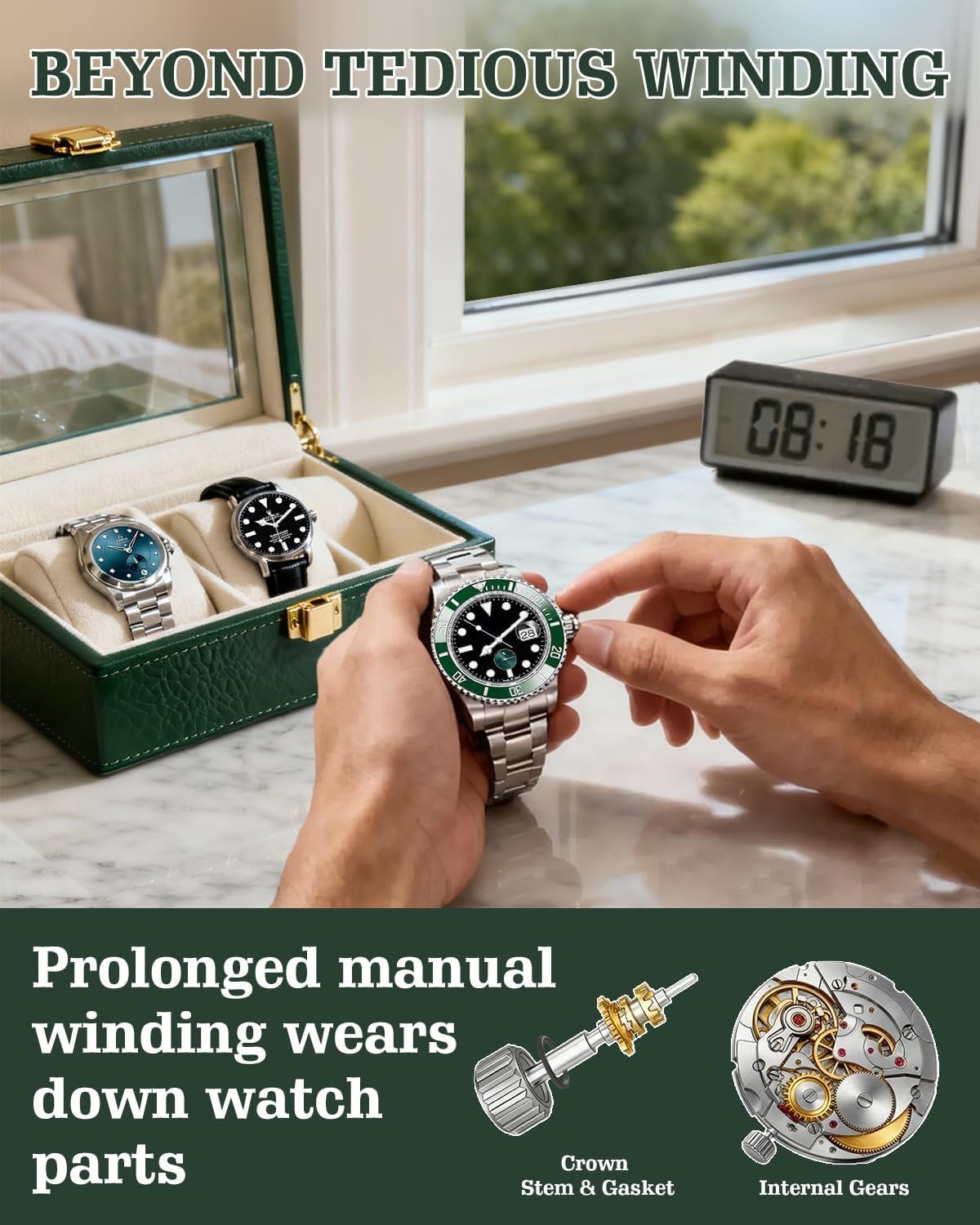 Automatic Double Watch Winder Box Leather with Quiet Japanese Motor USB Power