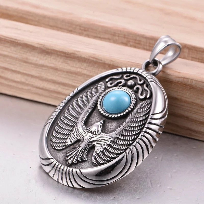MENDEL Mens Hawk Eagle Necklace Pendant Turquoise Stainless Steel Chain Silver