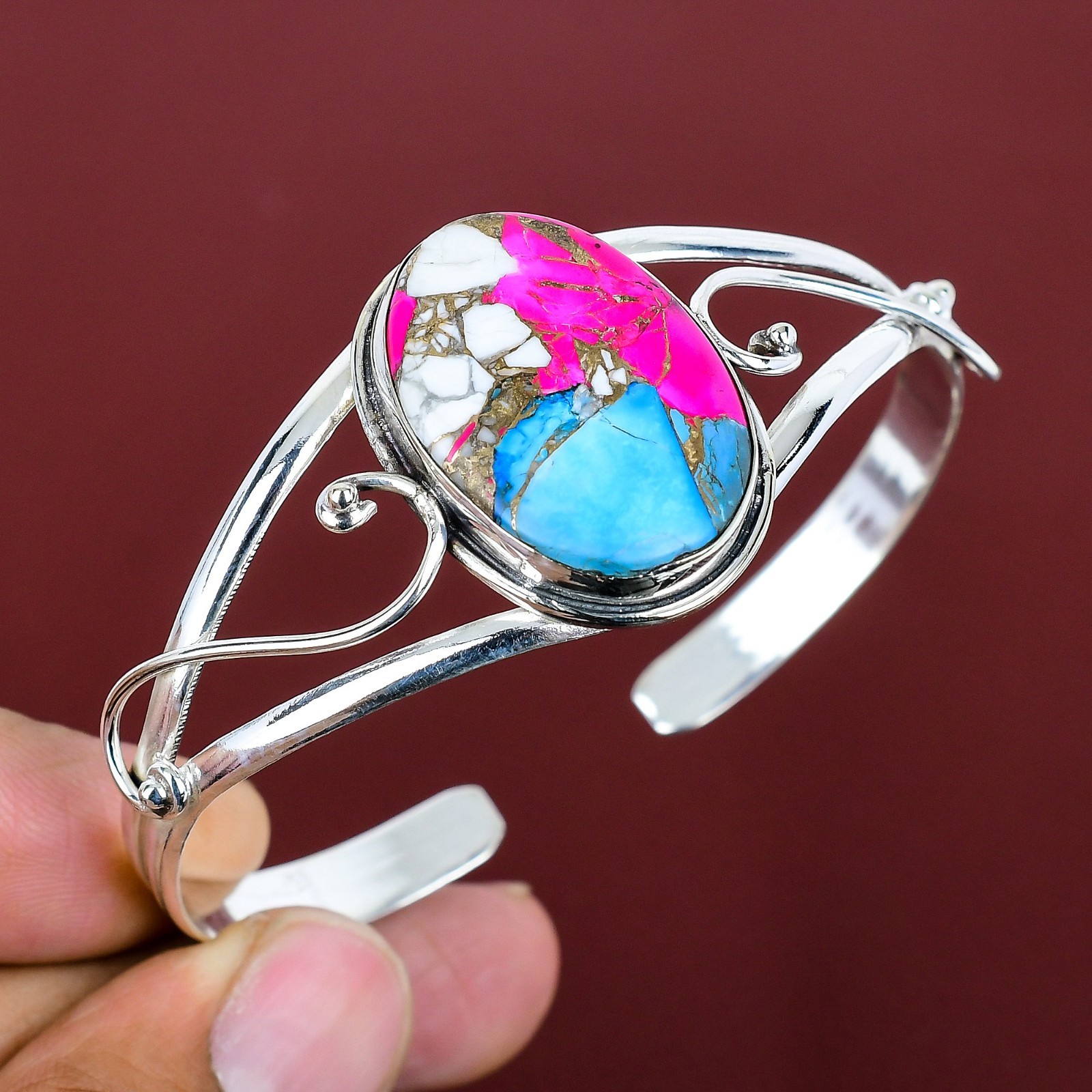 Cotton Candy Turquoise Gemstone 925 Sterling Silver Adjustable Cuff Bracelet