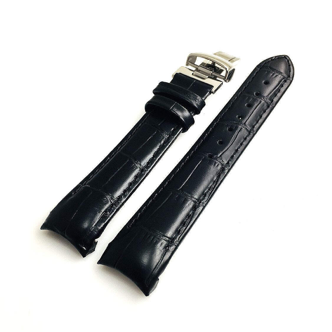 Black Curved End Croco Leather Replacement Watch Band Strap Butterfly Clasp 1541