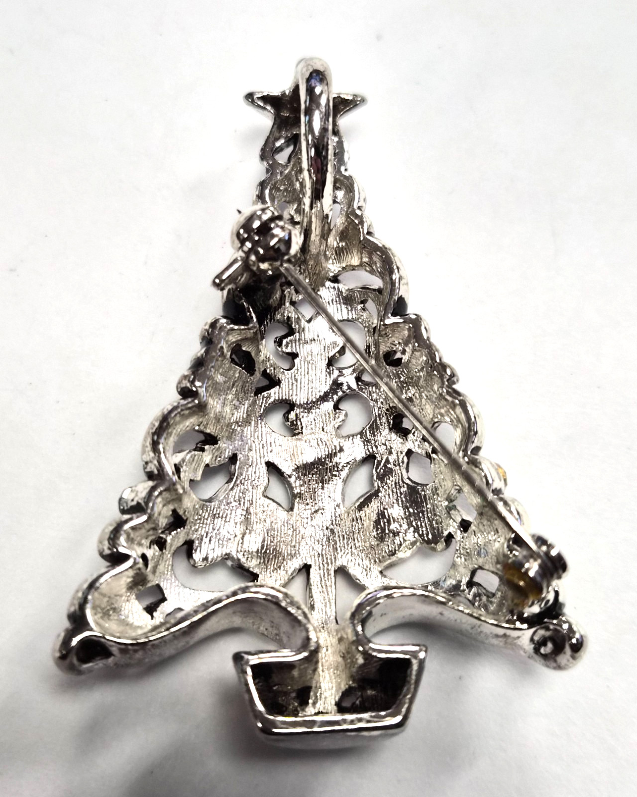 Estate Silver Tone & Rhinestone Christmas Tree Open Scroll Pendant Pin / Brooch