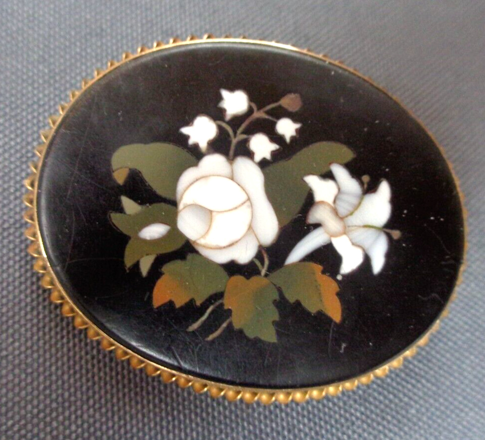 Pietra Dura Mosaic Booch Earrings Set Victorian Antique 15ct Gold Floral c1880s