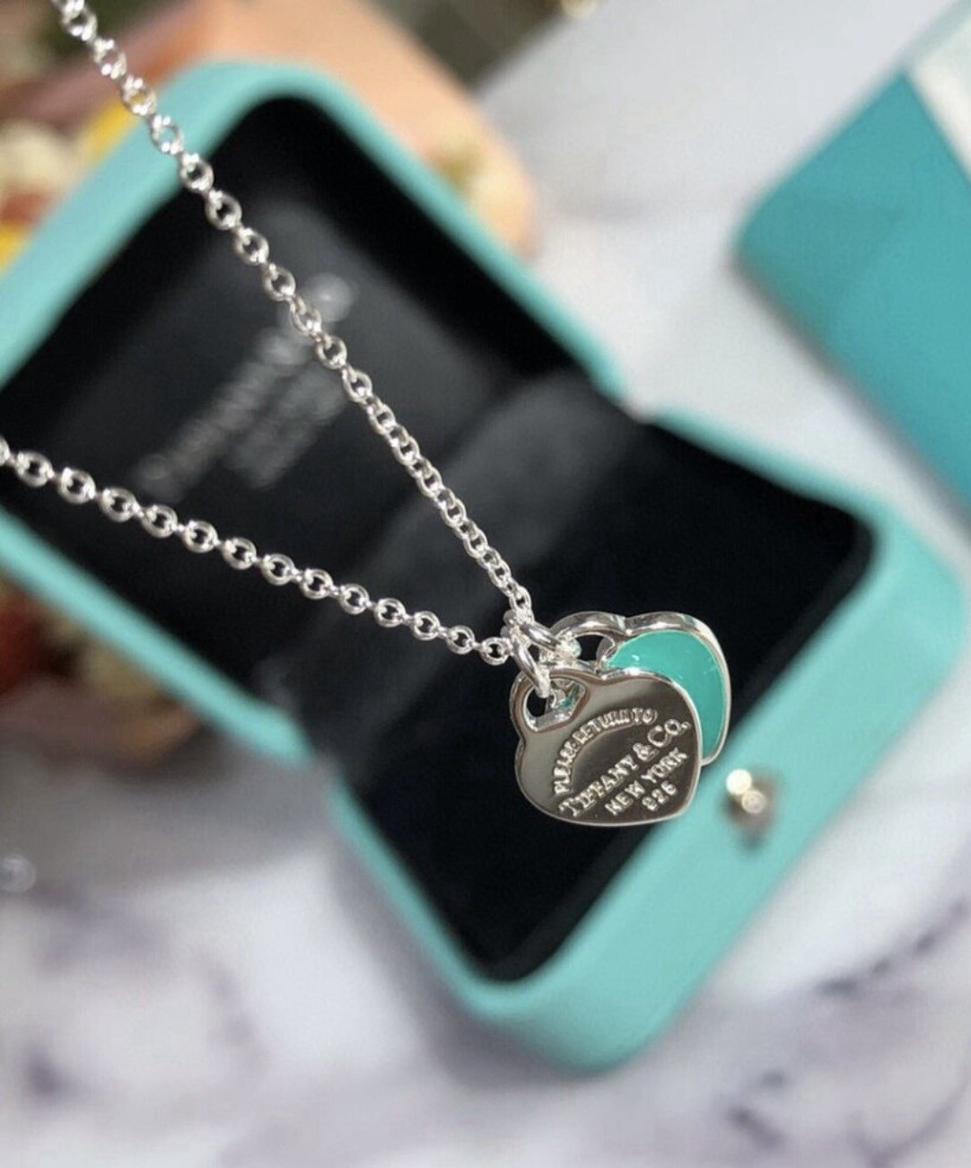 Tiffany Blue® Double Heart Tag Pendant Necklace ( 18” chain )
