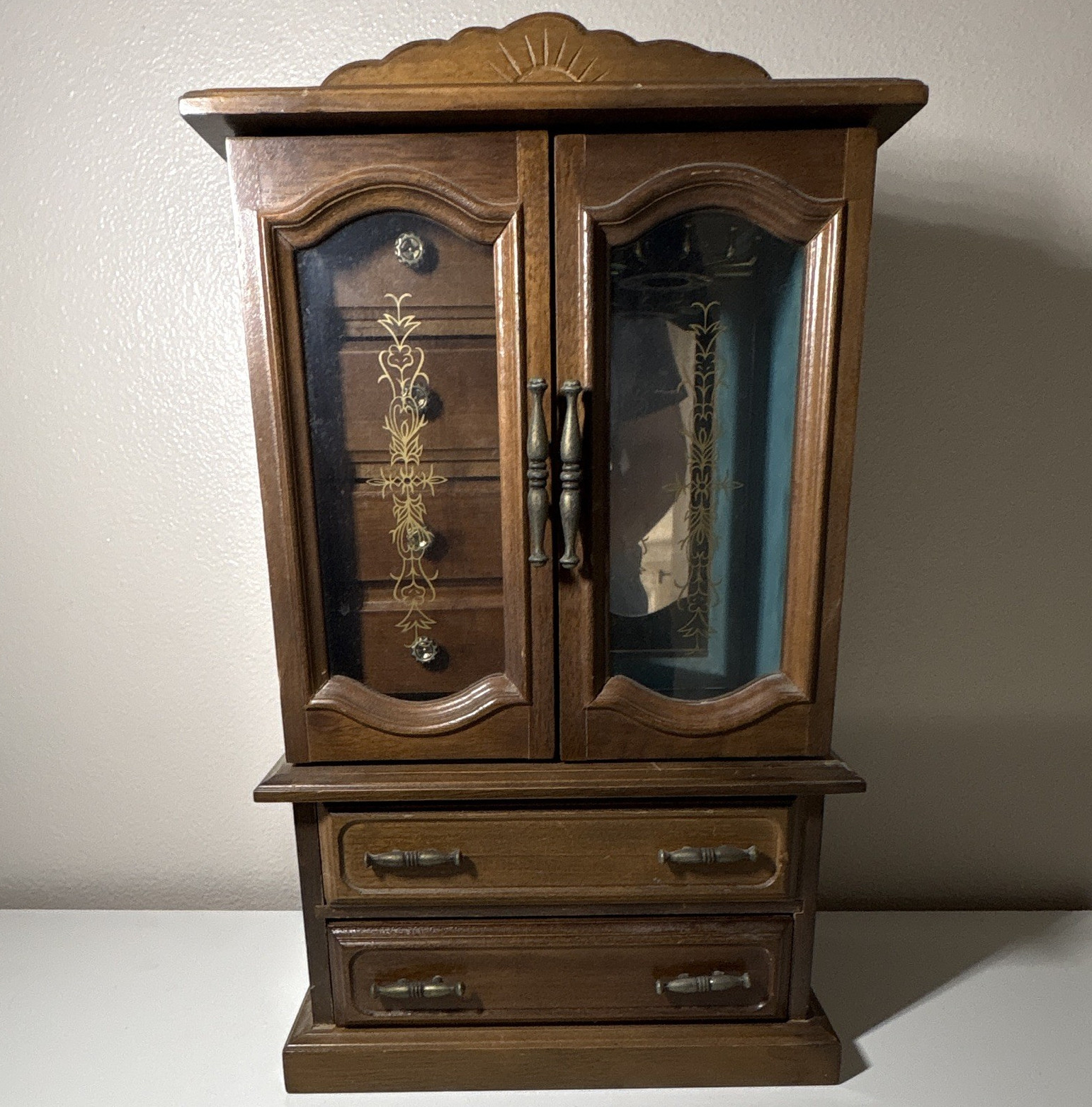 Wood Jewelry Box Armoire, Brown w/ Glass Doors & Mirror, Blue Lined, Vintage