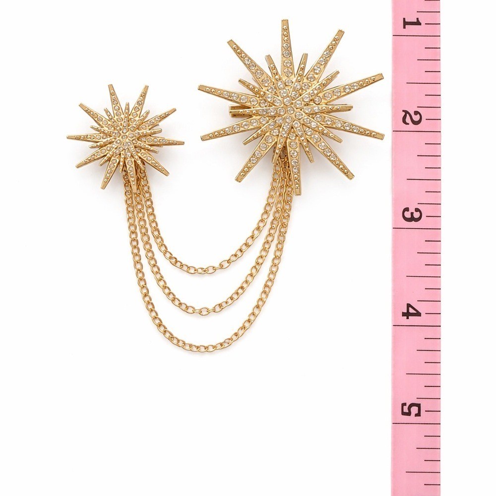 Gold Starburst Double Brooch Pin Set w/ Chain Draped Rhinestone Celestial