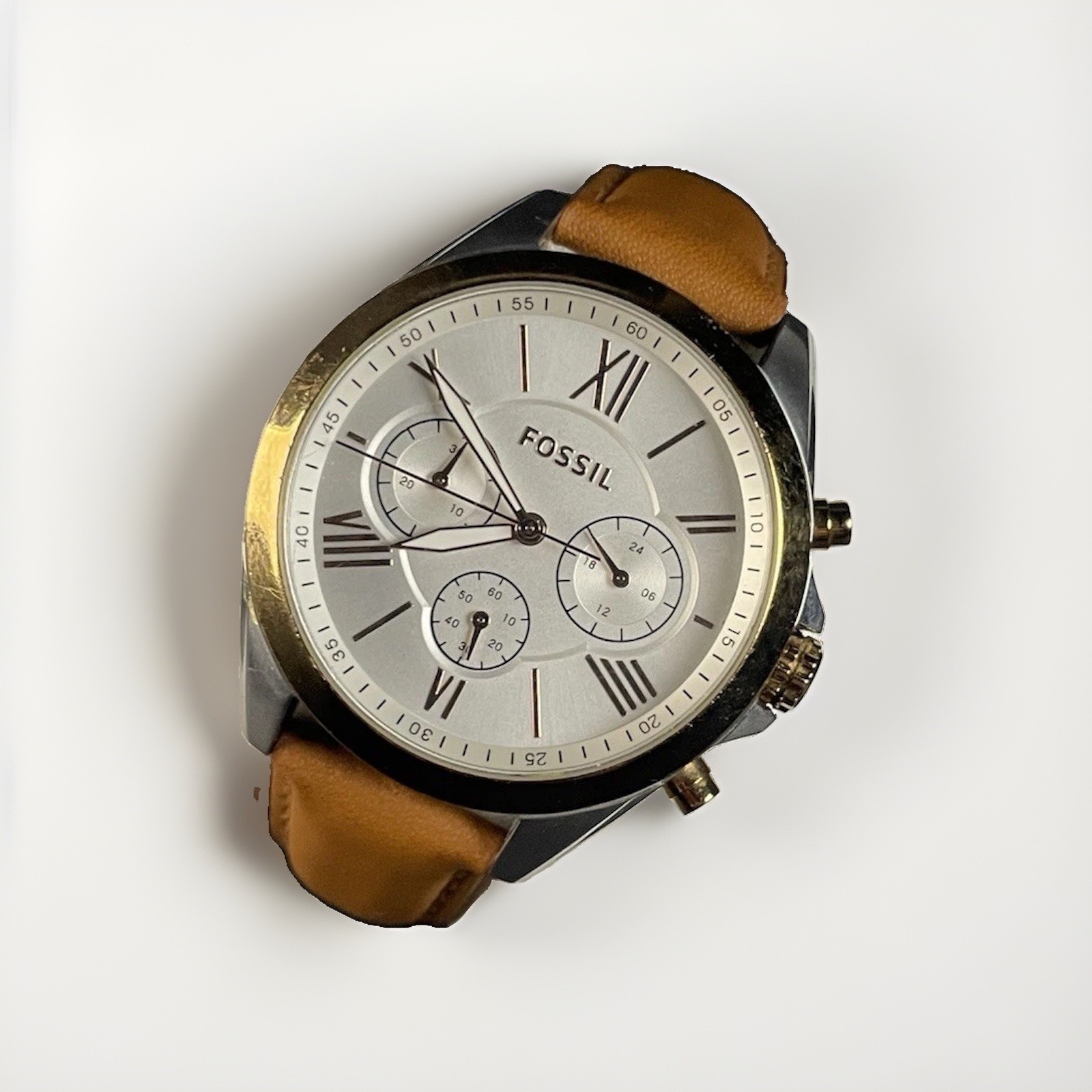 Fossil BQ3033 Quartz Chronograph Watch Silver Dial Brown Leather