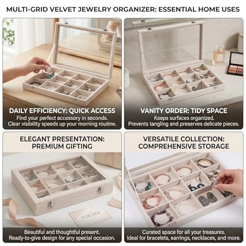 Stratalife Jewelry Organizer Box Beige Velvet 12 Grids 13.78″ Dustproof Tray