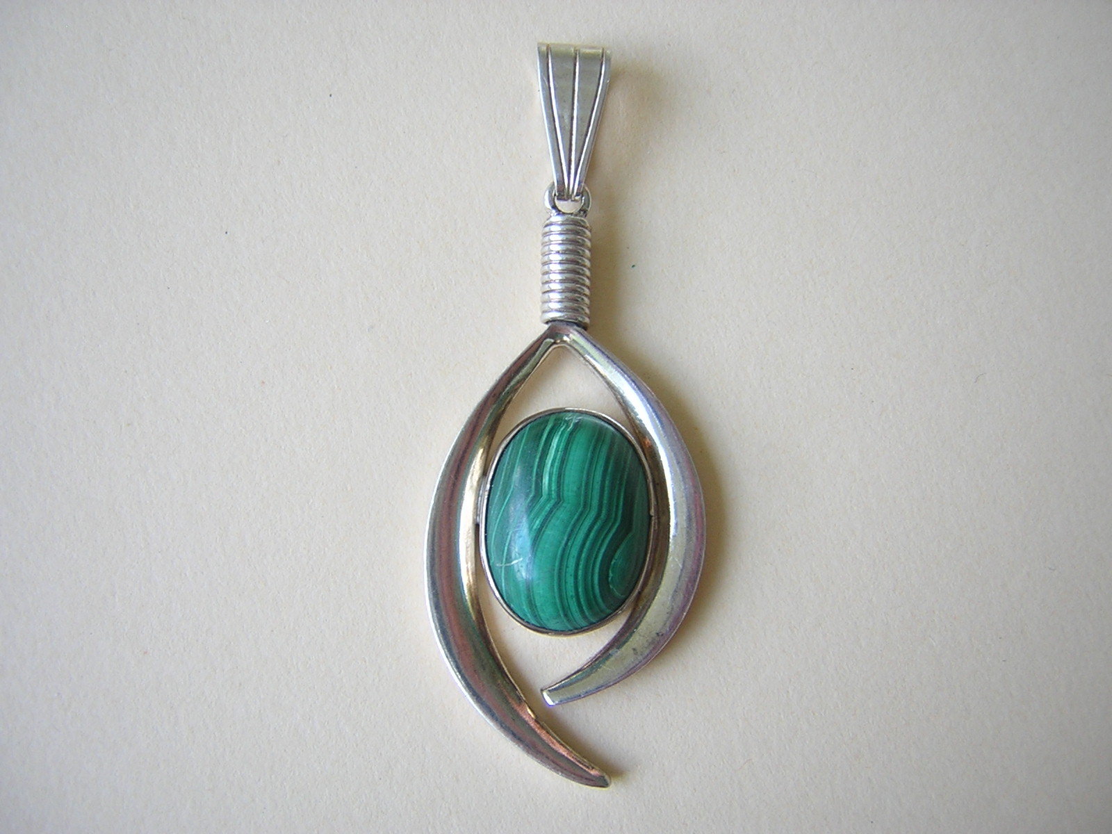 Mexico Pendant 925 + 950 Silver Malachite Cabochon 15.3 G / 6.6 X 2.4 Cm
